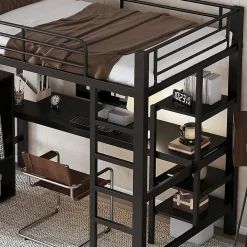 Lit superposé 90x200 cm, avec table, armoire, échelle 5 marches, cadre métal, noir><noscript><img width=