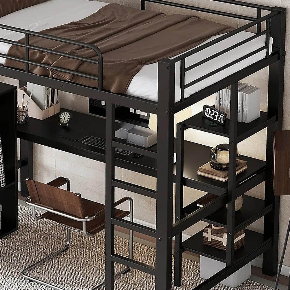 Lit superposé 90x200 cm, avec table, armoire, échelle 5 marches, cadre métal, noir>Fortuna lai Outlet