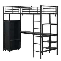 Lit superposé 90x200 cm, avec table, armoire, échelle 5 marches, cadre métal, noir><noscript><img width=