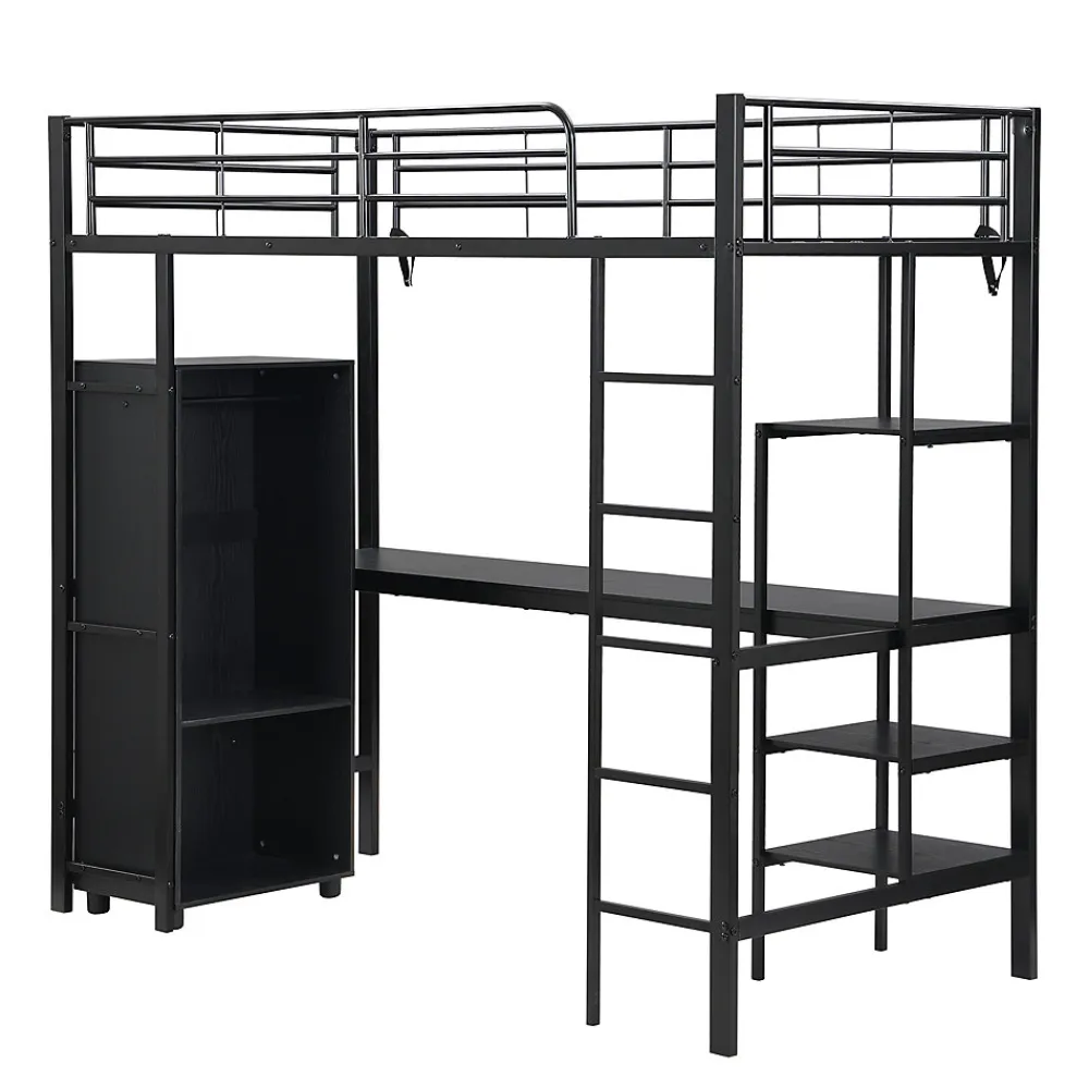 Lit superposé 90x200 cm, avec table, armoire, échelle 5 marches, cadre métal, noir>Fortuna lai Outlet