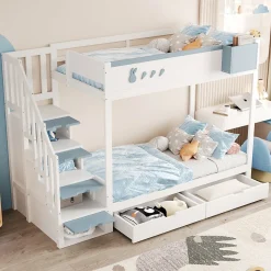 Lit superposé 90x200 cm avec tiroirs et étagère amovible, structure bois blanc/bleu, échelle sécurisée>Redom Sale