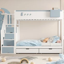 Lit superposé 90x200 cm avec tiroirs et étagère amovible, structure bois blanc/bleu, échelle sécurisée><noscript><img width=