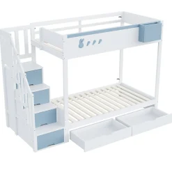 Lit superposé 90x200 cm avec tiroirs et étagère amovible, structure bois blanc/bleu, échelle sécurisée><noscript><img width=