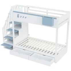 Lit superposé 90x200 cm avec tiroirs et étagère amovible, structure bois blanc/bleu, échelle sécurisée><noscript><img width=