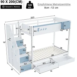 Lit superposé 90x200 cm avec tiroirs et étagère amovible, structure bois blanc/bleu, échelle sécurisée><noscript><img width=