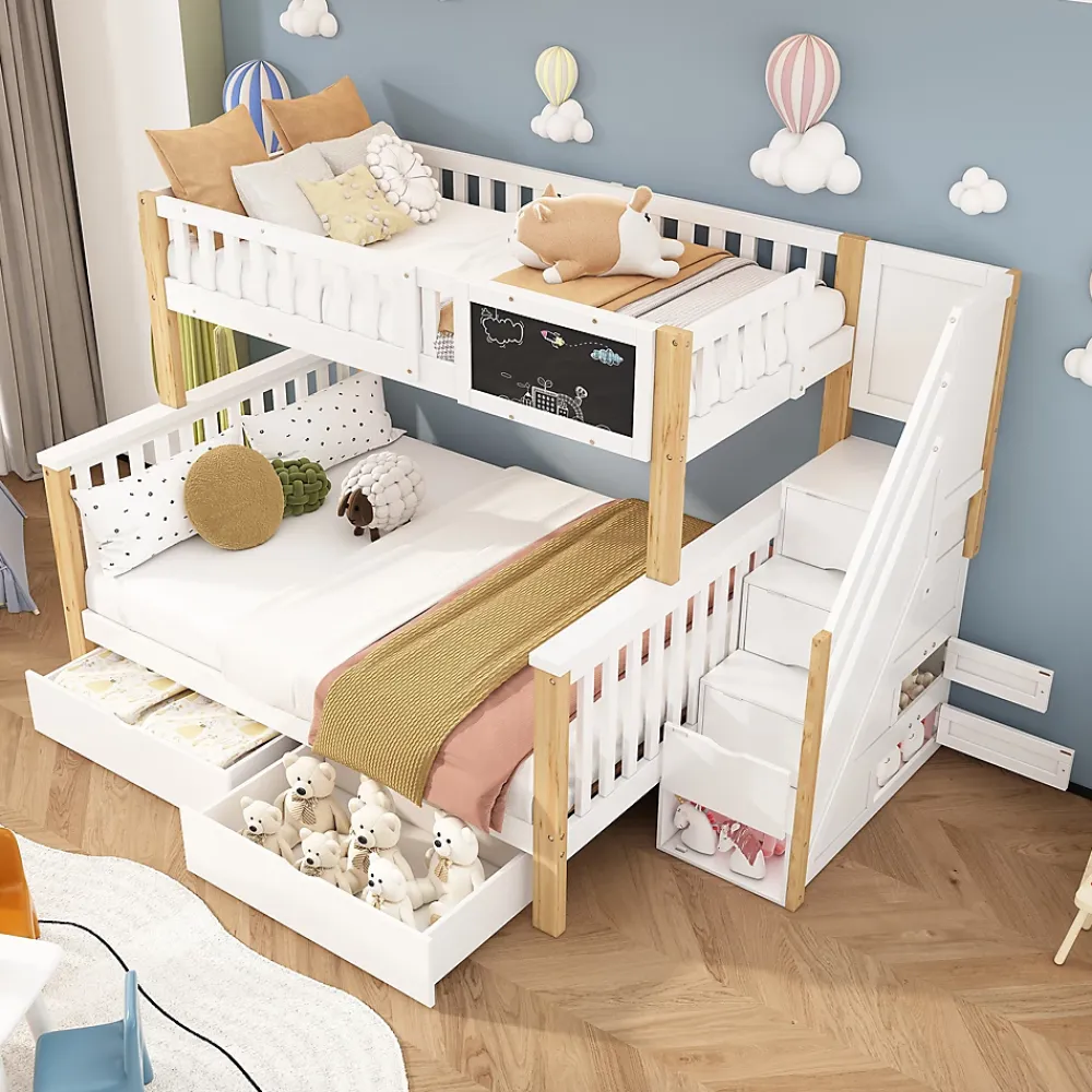 Redom Lit superposé 90x200 cm avec tiroirs et échelle intégrée, structure en pin massif blanc et chêne clair*Enfant Lit Enfant