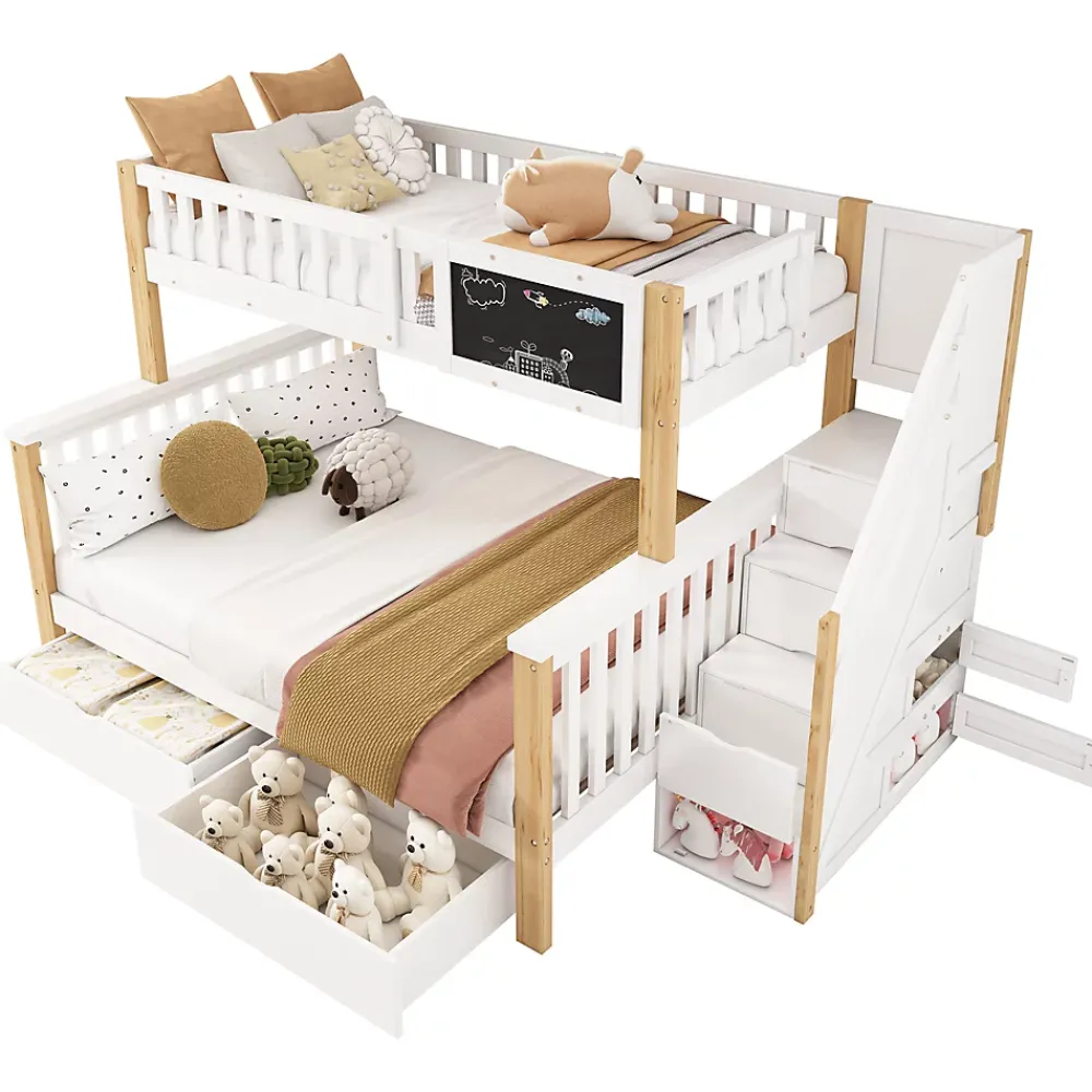 Redom Lit superposé 90x200 cm avec tiroirs et échelle intégrée, structure en pin massif blanc et chêne clair*Enfant Lit Enfant