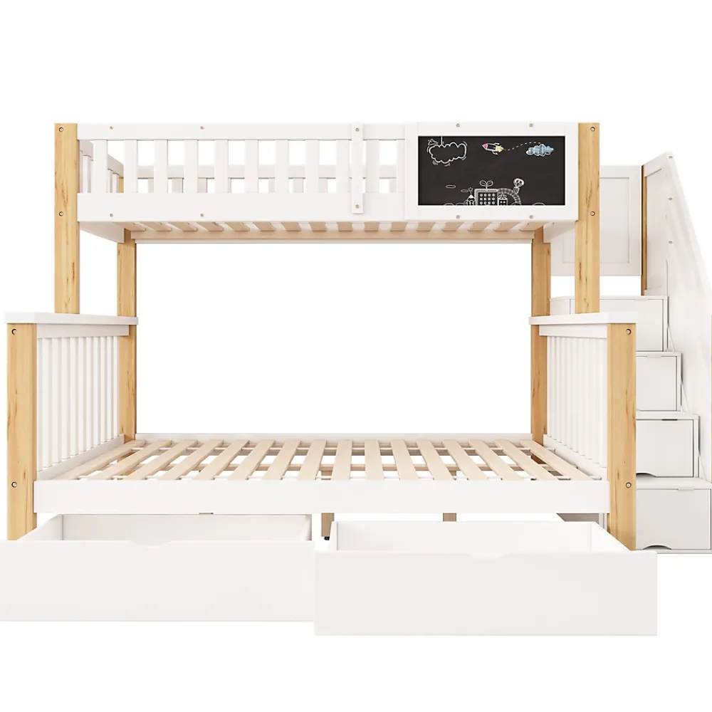 Redom Lit superposé 90x200 cm avec tiroirs et échelle intégrée, structure en pin massif blanc et chêne clair*Enfant Lit Enfant