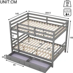 Redom Lit superposé 140x200 cm avec tiroirs de rangement et échelle intégrée, structure pin/MDF gris*Enfant Lit Enfant