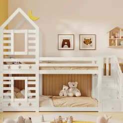 Redom Lit superposé 90x200 cm avec tiroirs et échelle intégrée, peinture blanche, pin massif, gain de place enfant*Enfant Lit Enfant