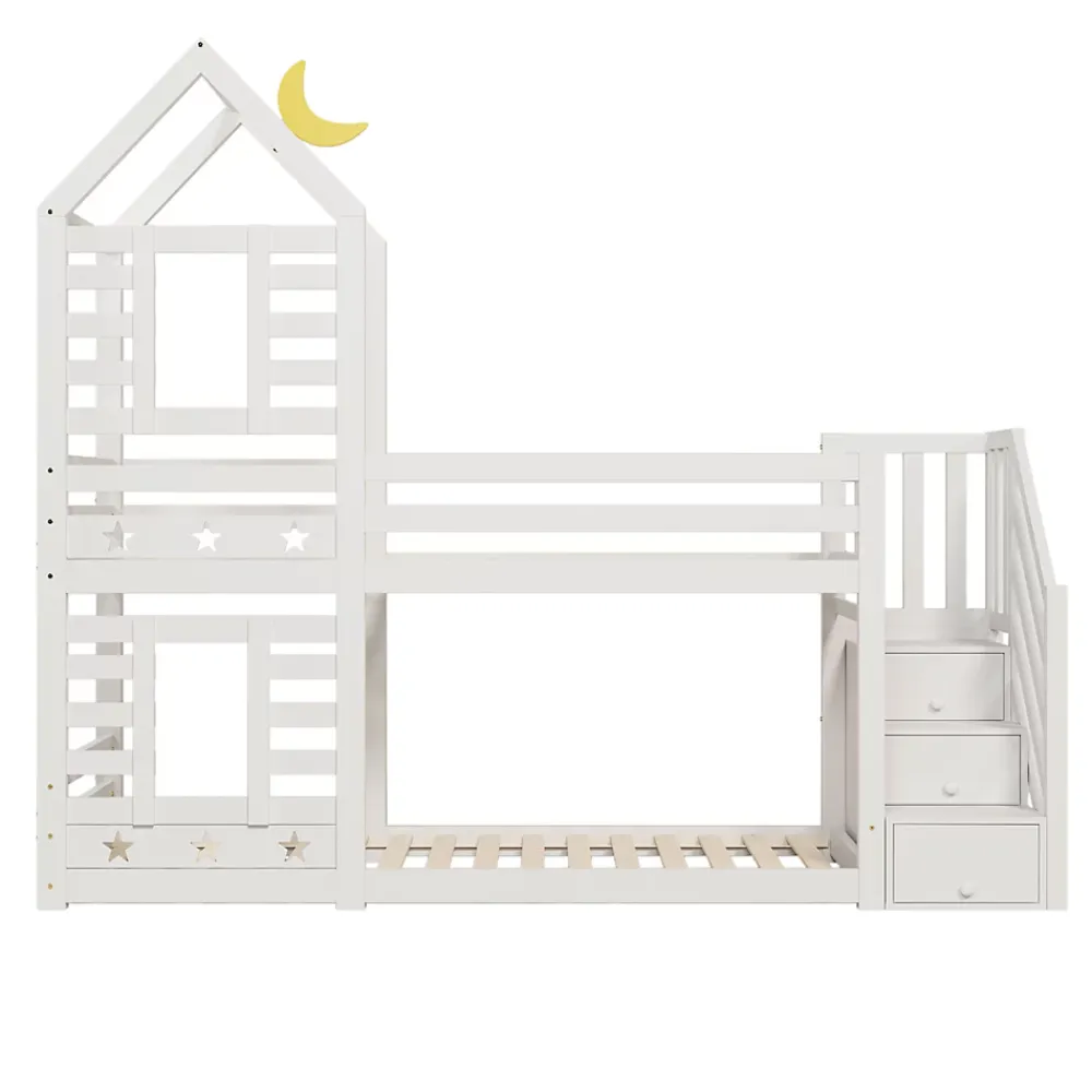 Redom Lit superposé 90x200 cm avec tiroirs et échelle intégrée, peinture blanche, pin massif, gain de place enfant*Enfant Lit Enfant
