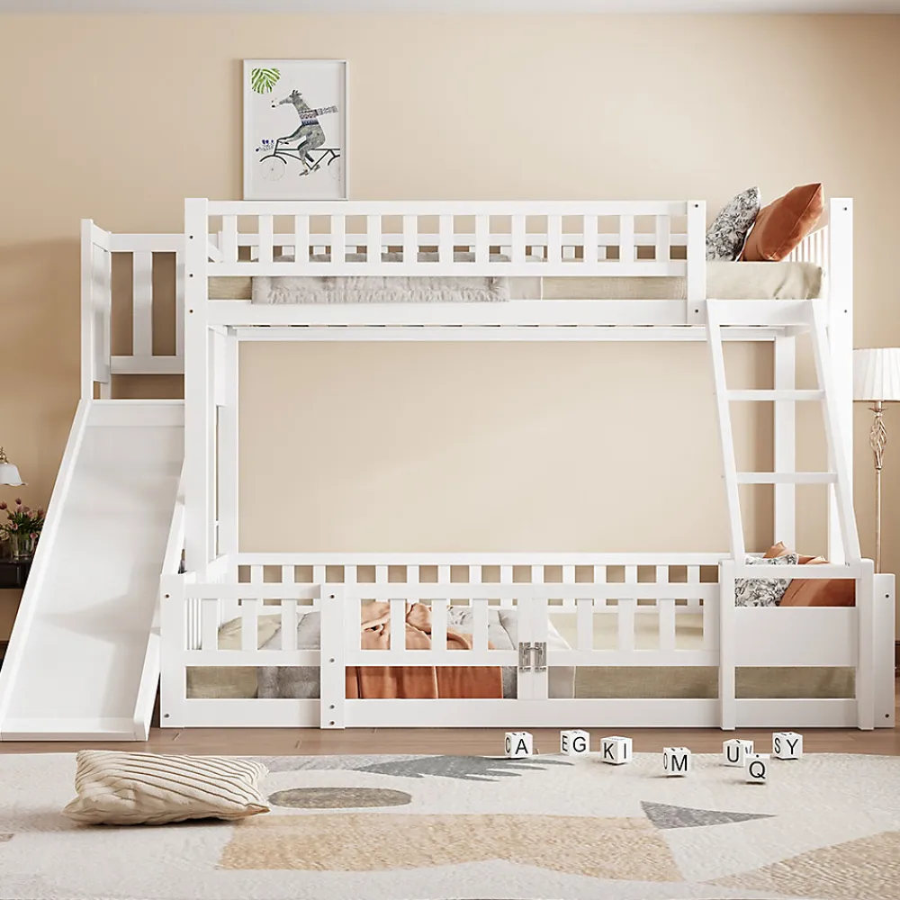Lit superposé 140x200 cm avec toboggan ludique et étagères intégrées, structure en pin et MDF blanc>Redom Best