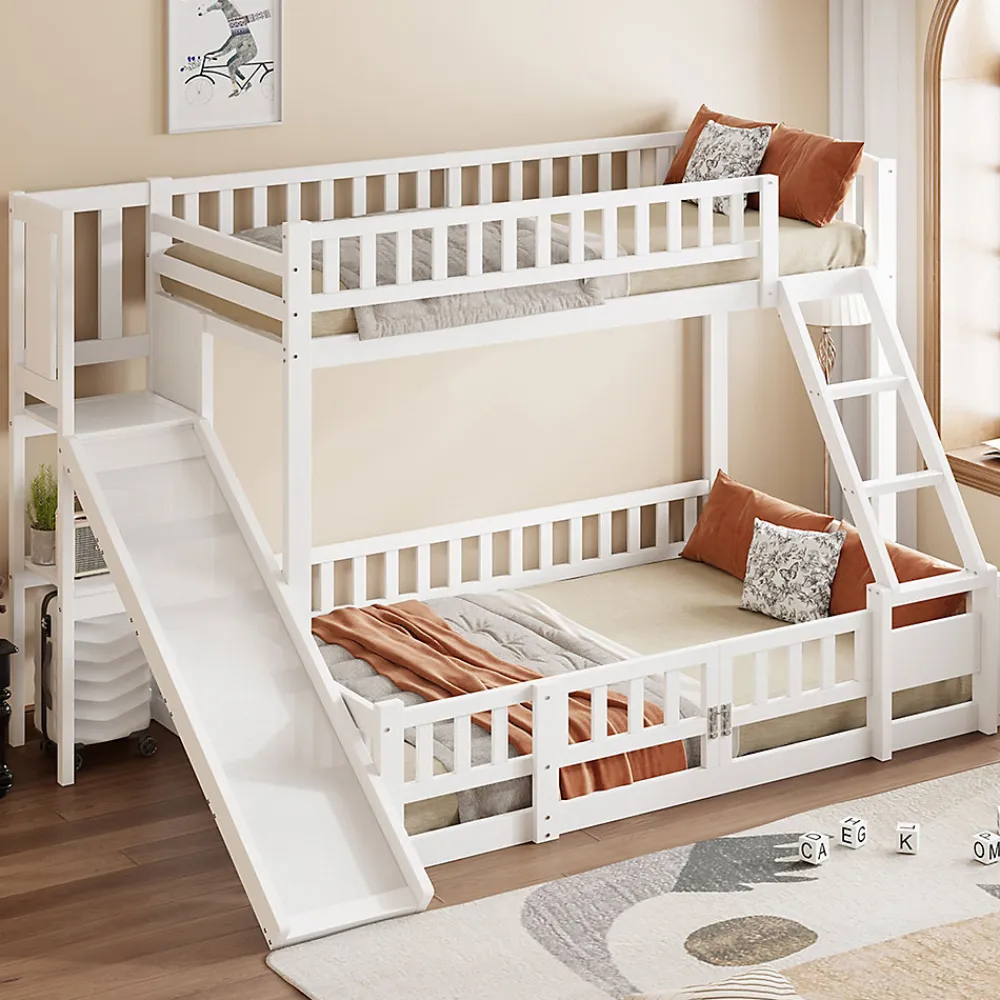 Lit superposé 140x200 cm avec toboggan ludique et étagères intégrées, structure en pin et MDF blanc>Redom Best