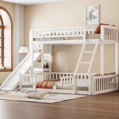 Lit superposé 140x200 cm avec toboggan ludique et étagères intégrées, structure en pin et MDF blanc><noscript><img width=