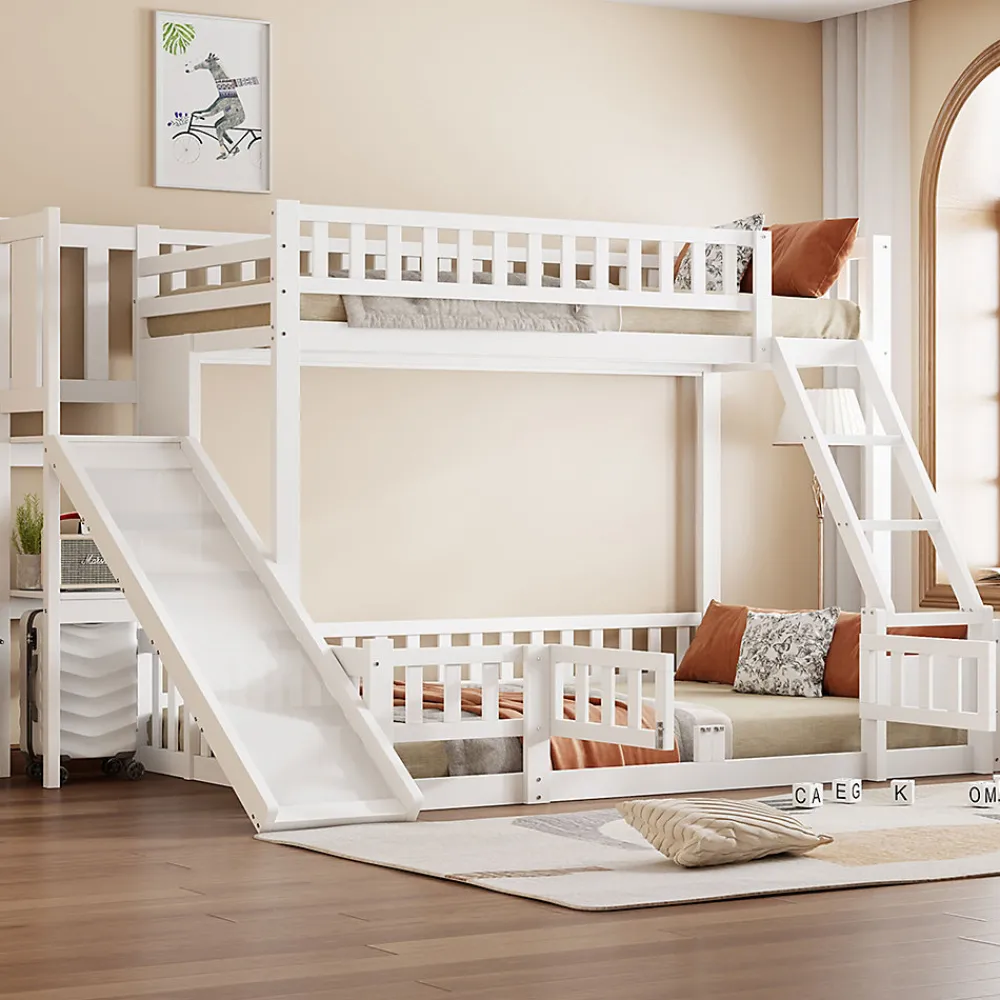 Lit superposé 140x200 cm avec toboggan ludique et étagères intégrées, structure en pin et MDF blanc>Redom Best