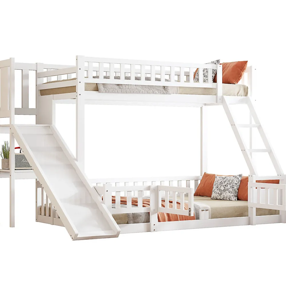 Lit superposé 140x200 cm avec toboggan ludique et étagères intégrées, structure en pin et MDF blanc>Redom Best