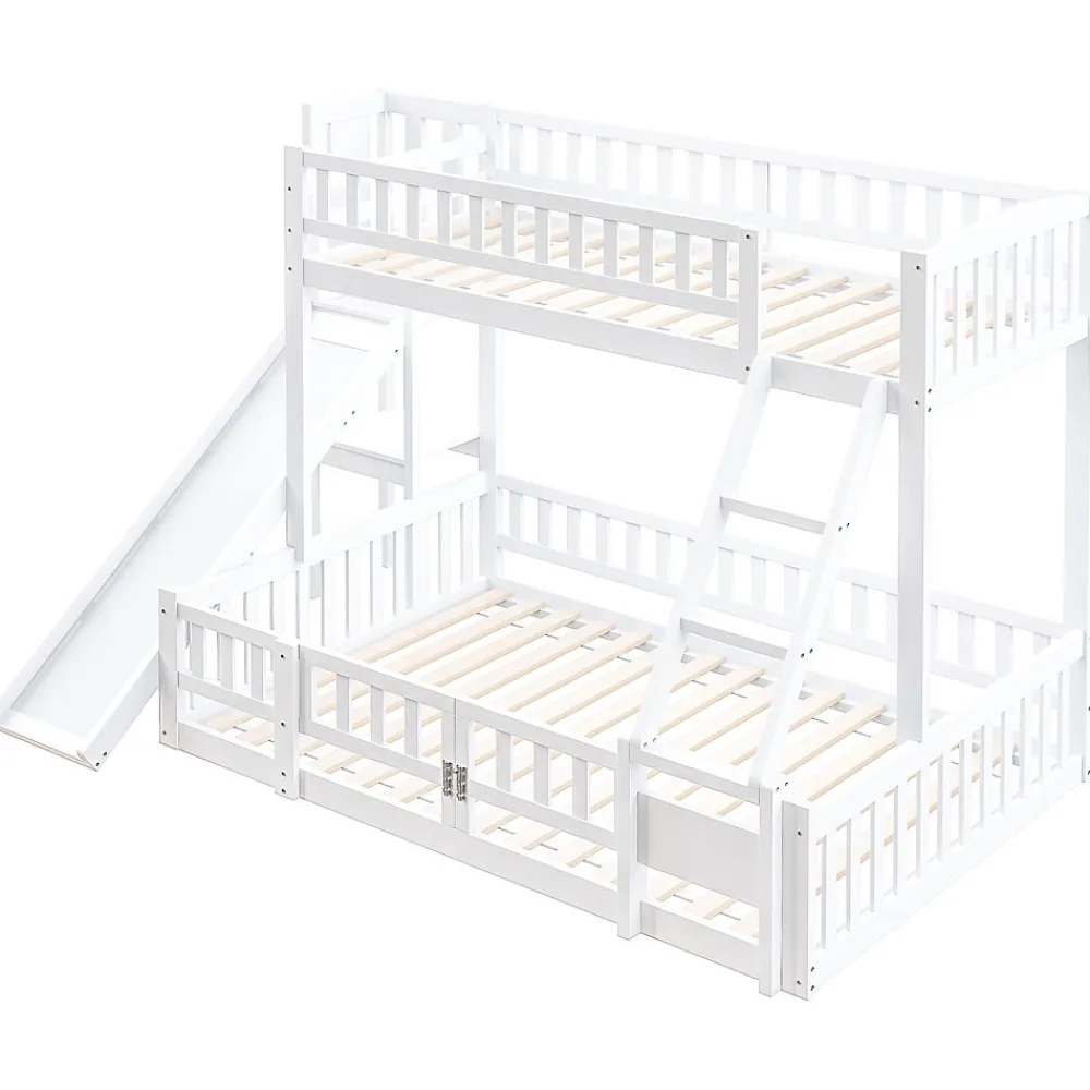 Lit superposé 140x200 cm avec toboggan ludique et étagères intégrées, structure en pin et MDF blanc>Redom Best