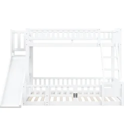 Lit superposé 140x200 cm avec toboggan ludique et étagères intégrées, structure en pin et MDF blanc><noscript><img width=