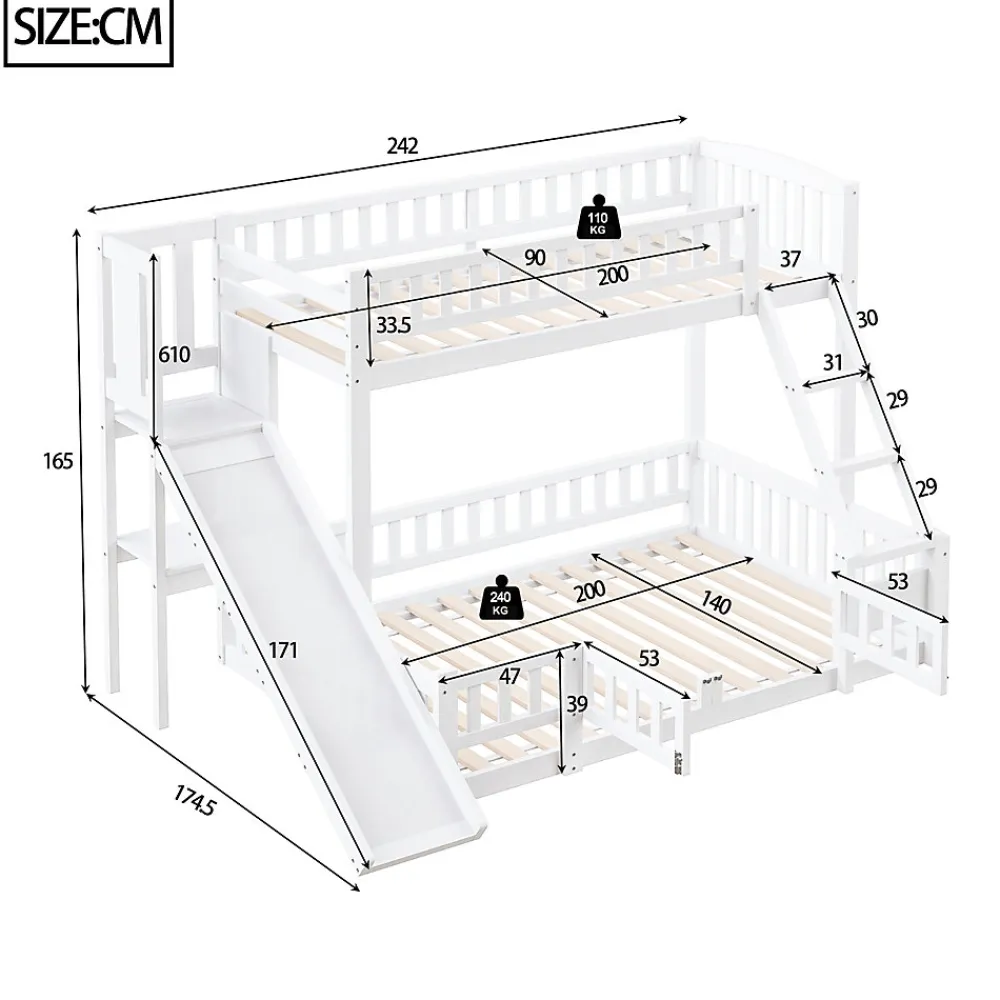 Lit superposé 140x200 cm avec toboggan ludique et étagères intégrées, structure en pin et MDF blanc>Redom Best