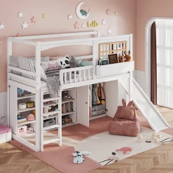Redom Lit superposé 90x200 cm avec toboggan et armoire intégrée, échelle 4 marches, structure pin et MDF*Enfant Lit Enfant