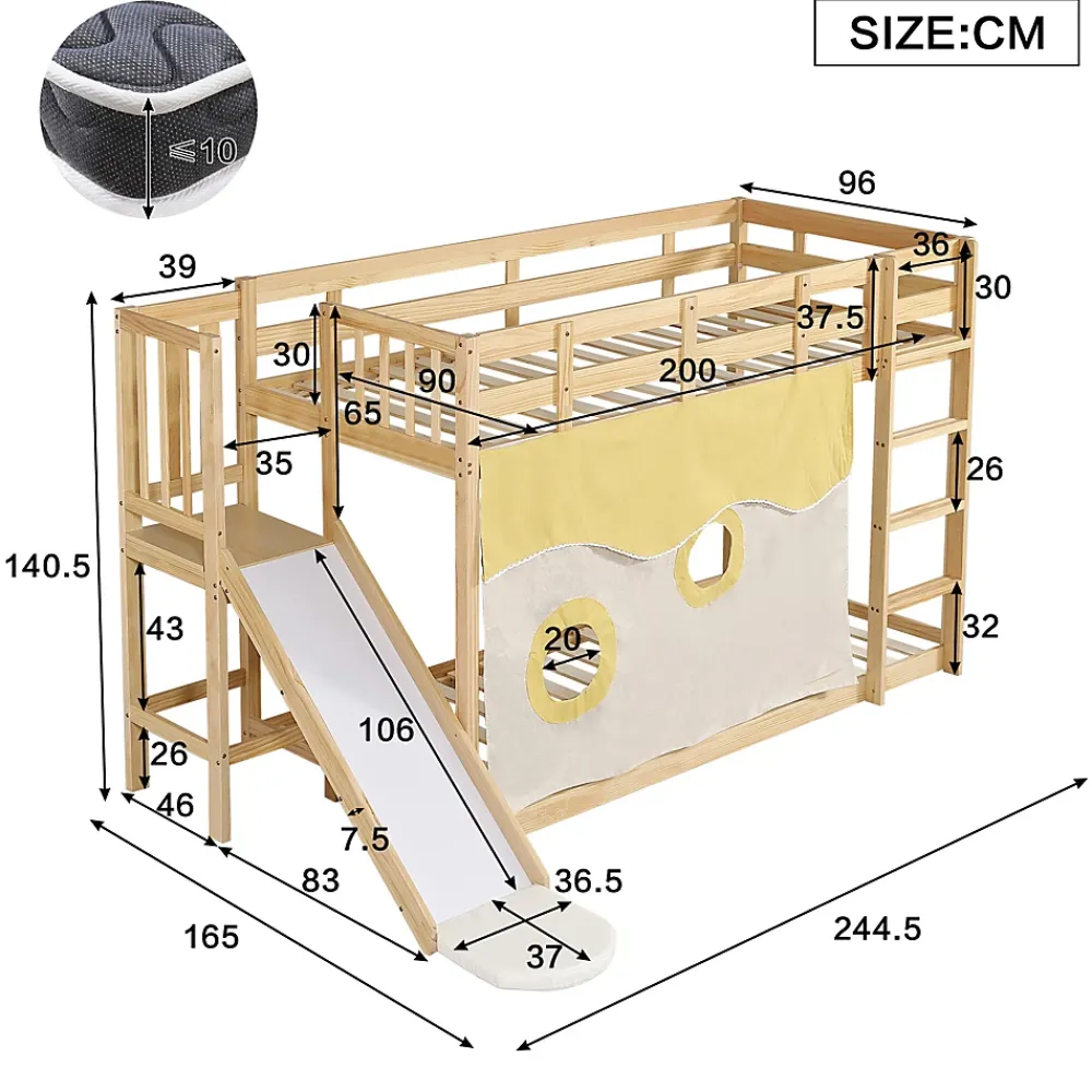 Redom Lit superposé 90x200 cm avec toboggan et escalier intégrés, structure pin et MDF, design naturel pour chambre enfant*Enfant Lit Enfant