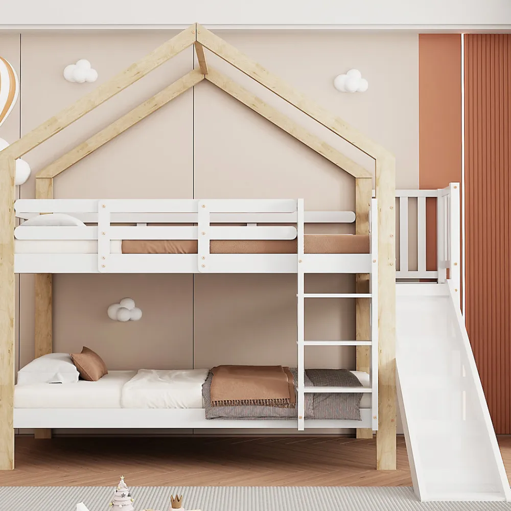 Lit superposé 90x200 cm avec toboggan, lit cabane en bois massif blanc/nature avec barrières de sécurité, lit enfant>ProximaX Hot