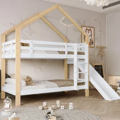 Lit superposé 90x200 cm avec toboggan, lit cabane en bois massif blanc/nature avec barrières de sécurité, lit enfant><noscript><img width=