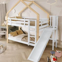 Lit superposé 90x200 cm avec toboggan, lit cabane en bois massif blanc/nature avec barrières de sécurité, lit enfant><noscript><img width=