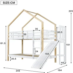 Lit superposé 90x200 cm avec toboggan, lit cabane en bois massif blanc/nature avec barrières de sécurité, lit enfant><noscript><img width=