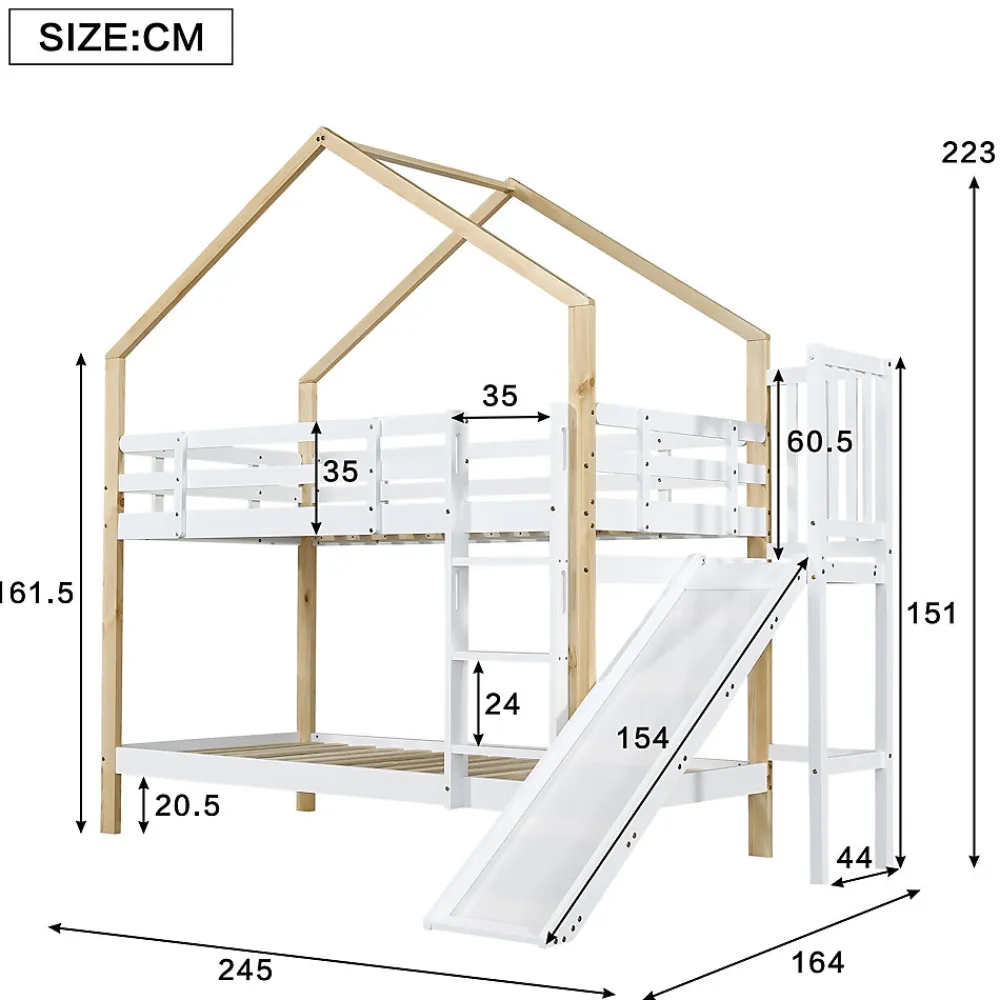Lit superposé 90x200 cm avec toboggan, lit cabane en bois massif blanc/nature avec barrières de sécurité, lit enfant>ProximaX Hot