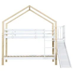 Lit superposé 90x200 cm avec toboggan, lit cabane en bois massif blanc/nature avec barrières de sécurité, lit enfant><noscript><img width=