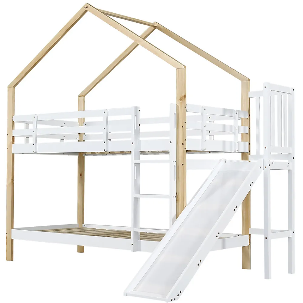 Lit superposé 90x200 cm avec toboggan, lit cabane en bois massif blanc/nature avec barrières de sécurité, lit enfant>ProximaX Hot