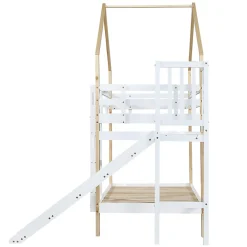 Lit superposé 90x200 cm avec toboggan, lit cabane en bois massif blanc/nature avec barrières de sécurité, lit enfant><noscript><img width=