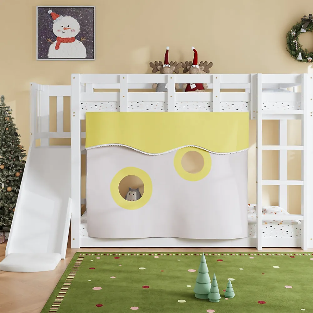 Lit superposé 90x200 cm avec toboggan intégré et échelle, structure bois (MDF + pin) blanc>Redom Online