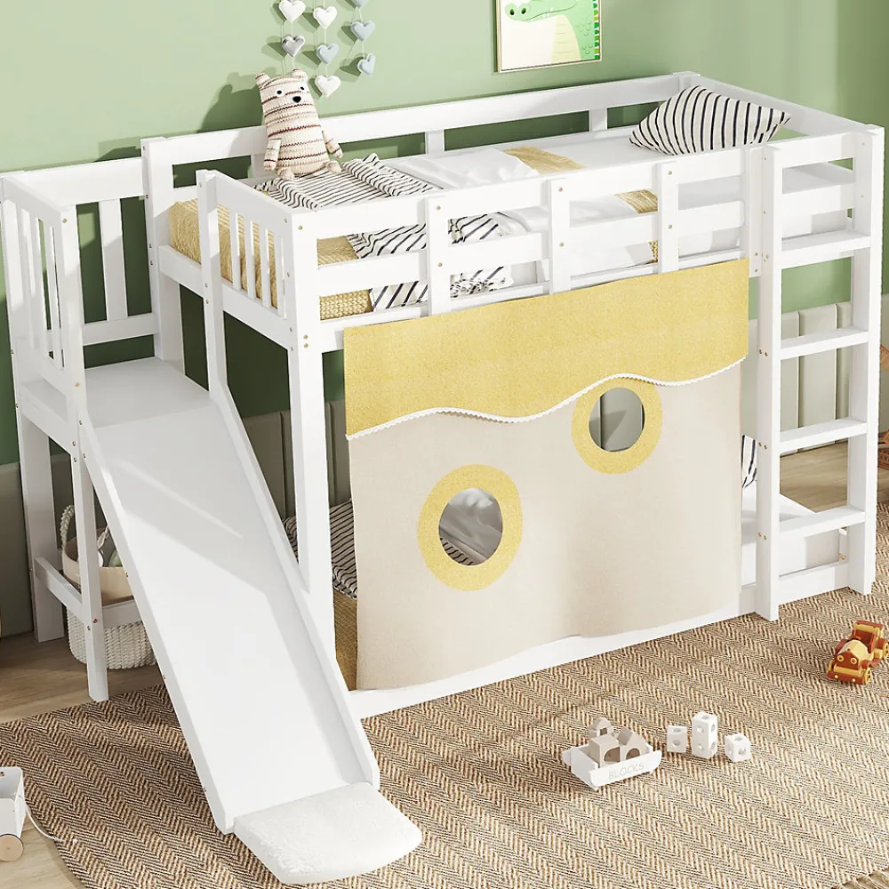 Lit superposé 90x200 cm avec toboggan intégré et échelle, structure bois (MDF + pin) blanc>Redom Online