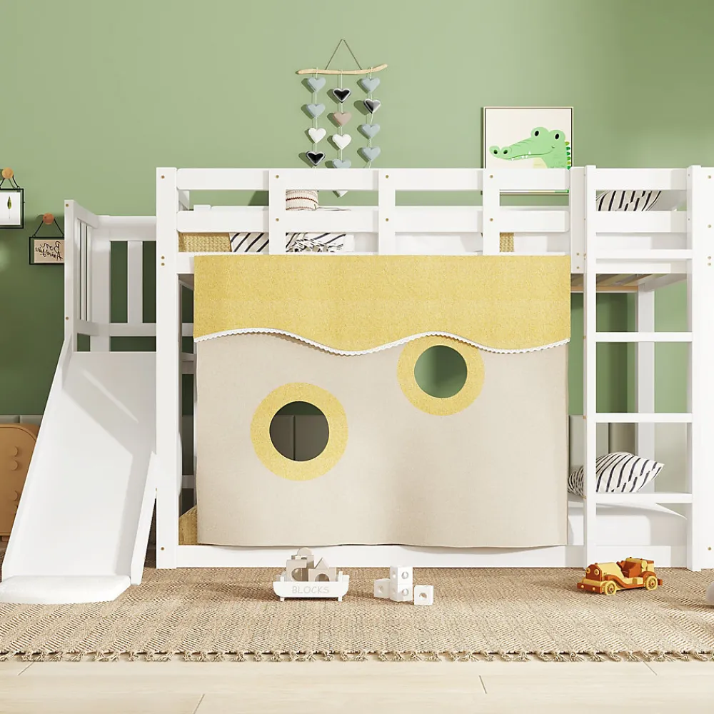 Lit superposé 90x200 cm avec toboggan intégré et échelle, structure bois (MDF + pin) blanc>Redom Online