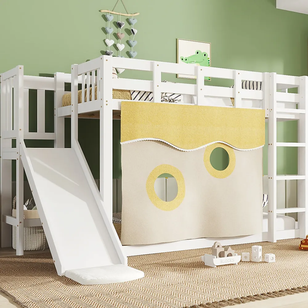 Lit superposé 90x200 cm avec toboggan intégré et échelle, structure bois (MDF + pin) blanc>Redom Online