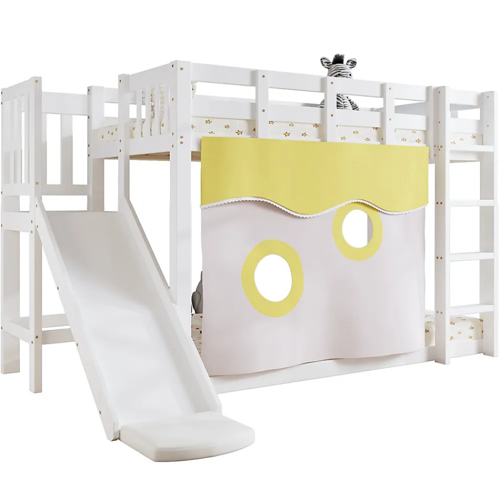Lit superposé 90x200 cm avec toboggan intégré et échelle, structure bois (MDF + pin) blanc>Redom Online