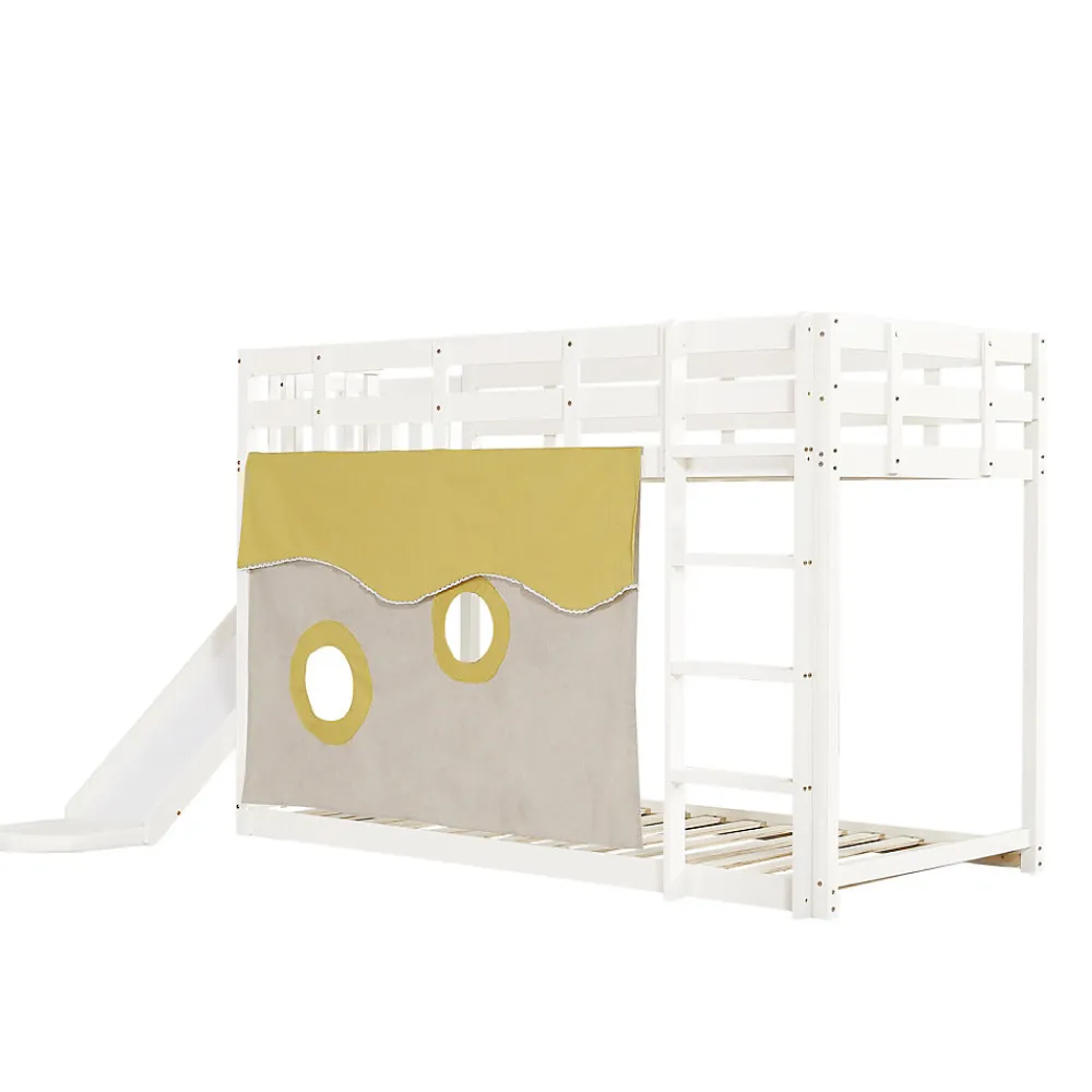 Lit superposé 90x200 cm avec toboggan intégré et échelle, structure bois (MDF + pin) blanc>Redom Online