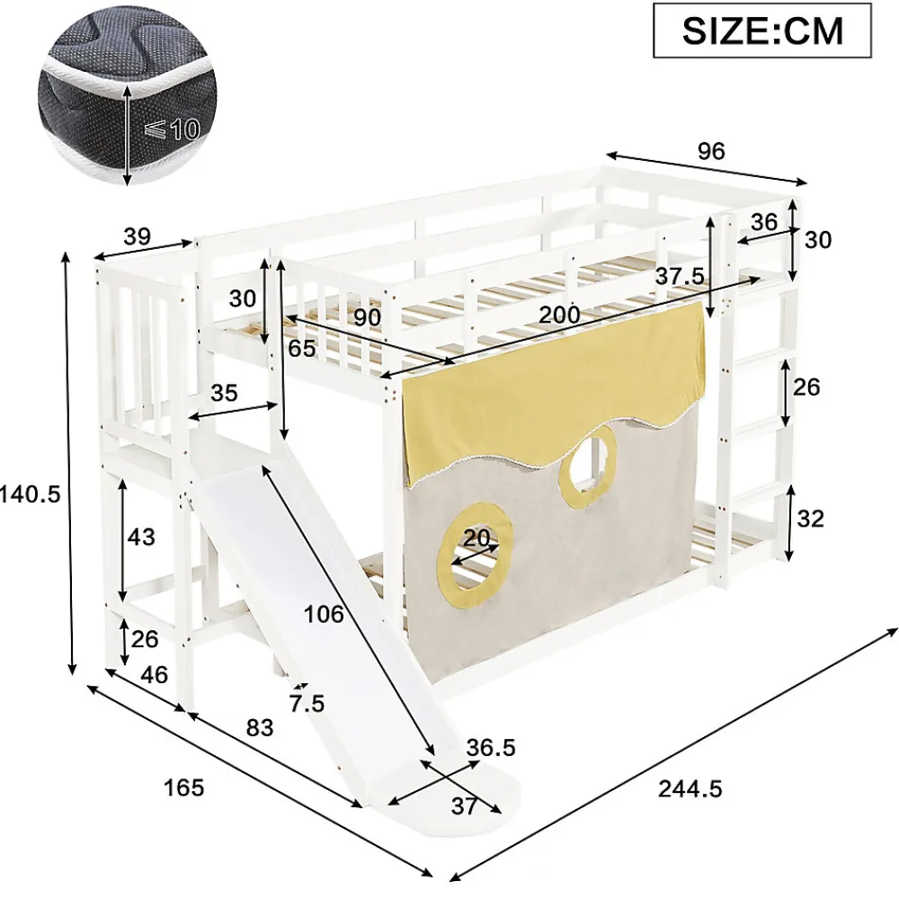 Lit superposé 90x200 cm avec toboggan intégré et échelle, structure bois (MDF + pin) blanc>Redom Online