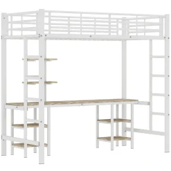 Lit superposé 90x200 cm, cadre métal, table, étagères, sécurité, pour enfants et ados><noscript><img width=