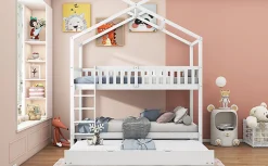 Lit superposé 90x200 cm convertible en 3 lits avec lit gigogne et barrières, structure bois massif blanc><noscript><img width=