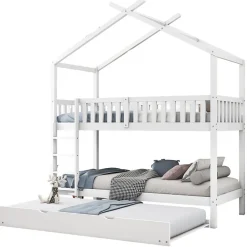Lit superposé 90x200 cm convertible en 3 lits avec lit gigogne et barrières, structure bois massif blanc><noscript><img width=