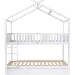 Lit superposé 90x200 cm convertible en 3 lits avec lit gigogne et barrières, structure bois massif blanc><noscript><img width=