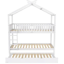 Lit superposé 90x200 cm convertible en 3 lits avec lit gigogne et barrières, structure bois massif blanc><noscript><img width=
