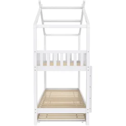 Lit superposé 90x200 cm convertible en 3 lits avec lit gigogne et barrières, structure bois massif blanc><noscript><img width=