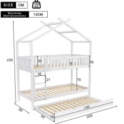 Lit superposé 90x200 cm convertible en 3 lits avec lit gigogne et barrières, structure bois massif blanc><noscript><img width=