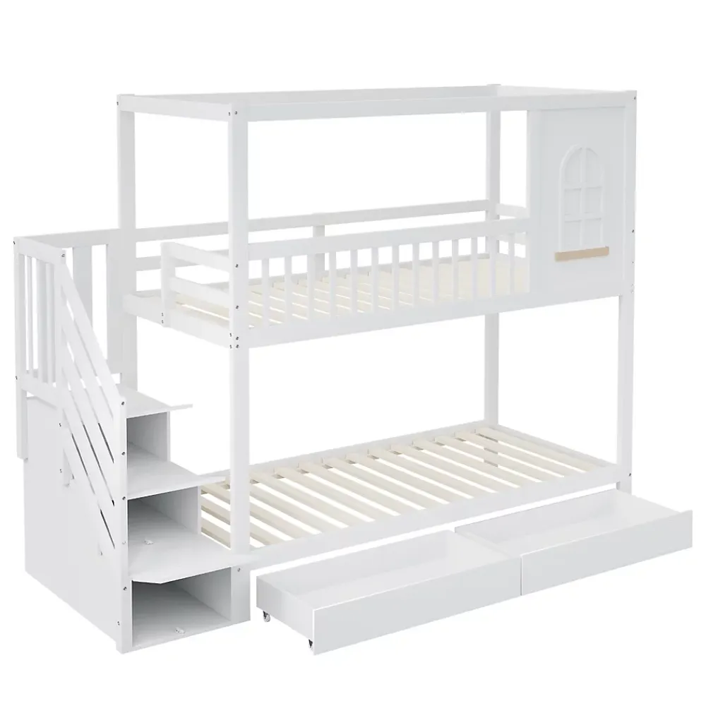 Redom Lit superposé 90x200 cm en bois massif avec tiroirs intégrés, échelle sécurisée et design maison ludique*Enfant Lit Enfant