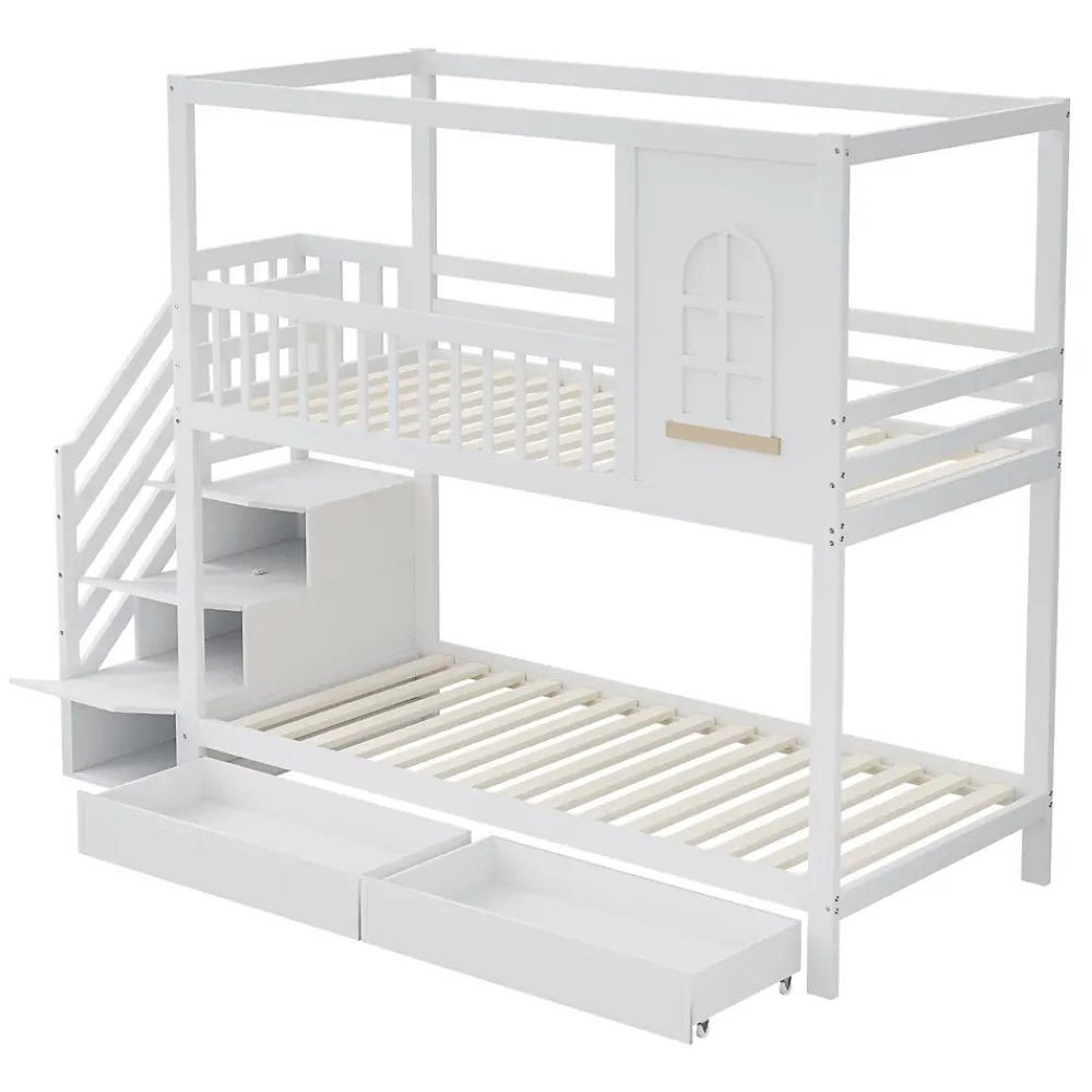 Redom Lit superposé 90x200 cm en bois massif avec tiroirs intégrés, échelle sécurisée et design maison ludique*Enfant Lit Enfant