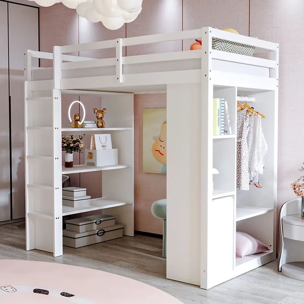 Redom Lit superposé 90x200 cm en bois massif avec étagères multiples et organiseur roulant amovible, blanc*Enfant Lit Enfant